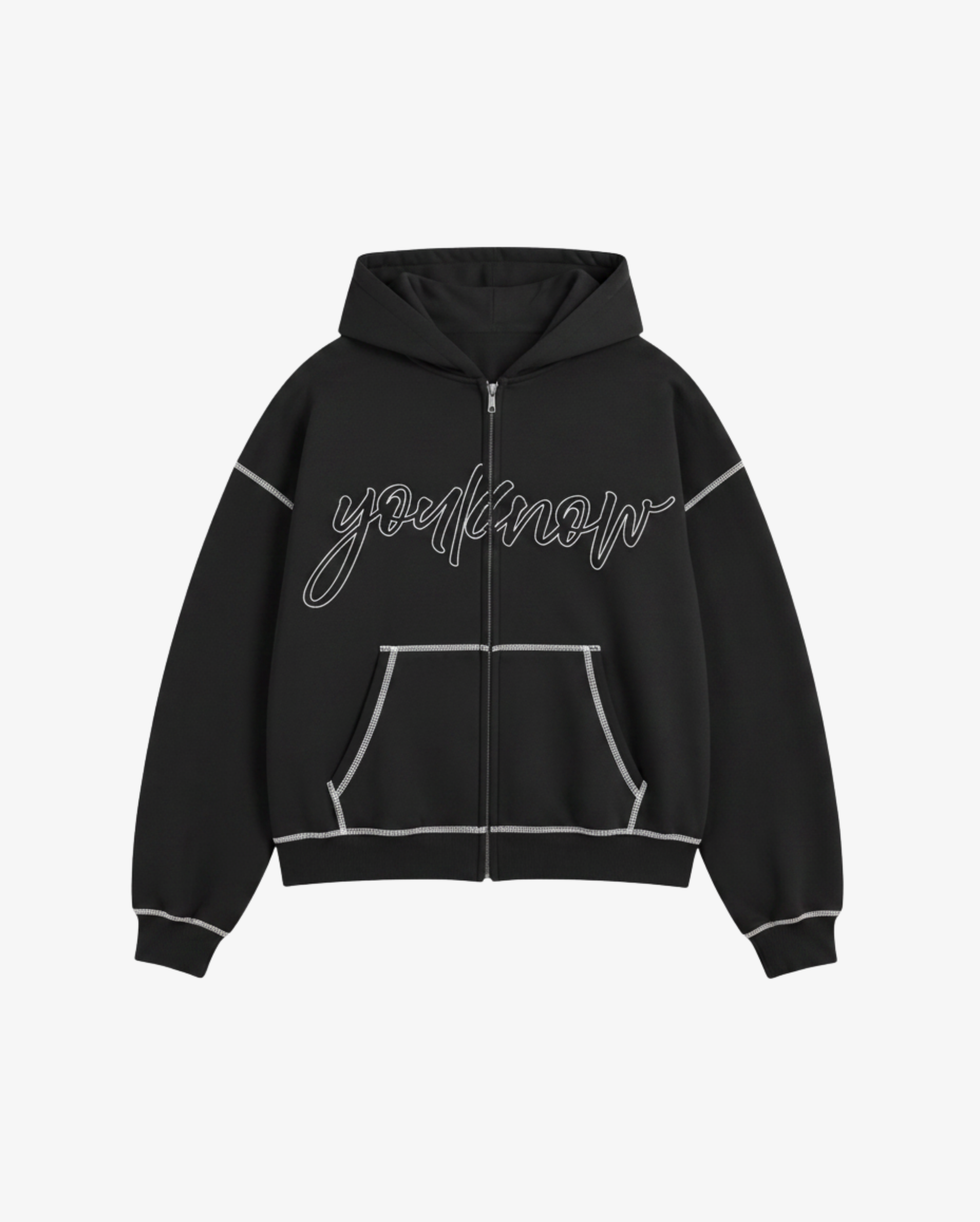 Contrast Stitch Zip Up Hoodie | Black