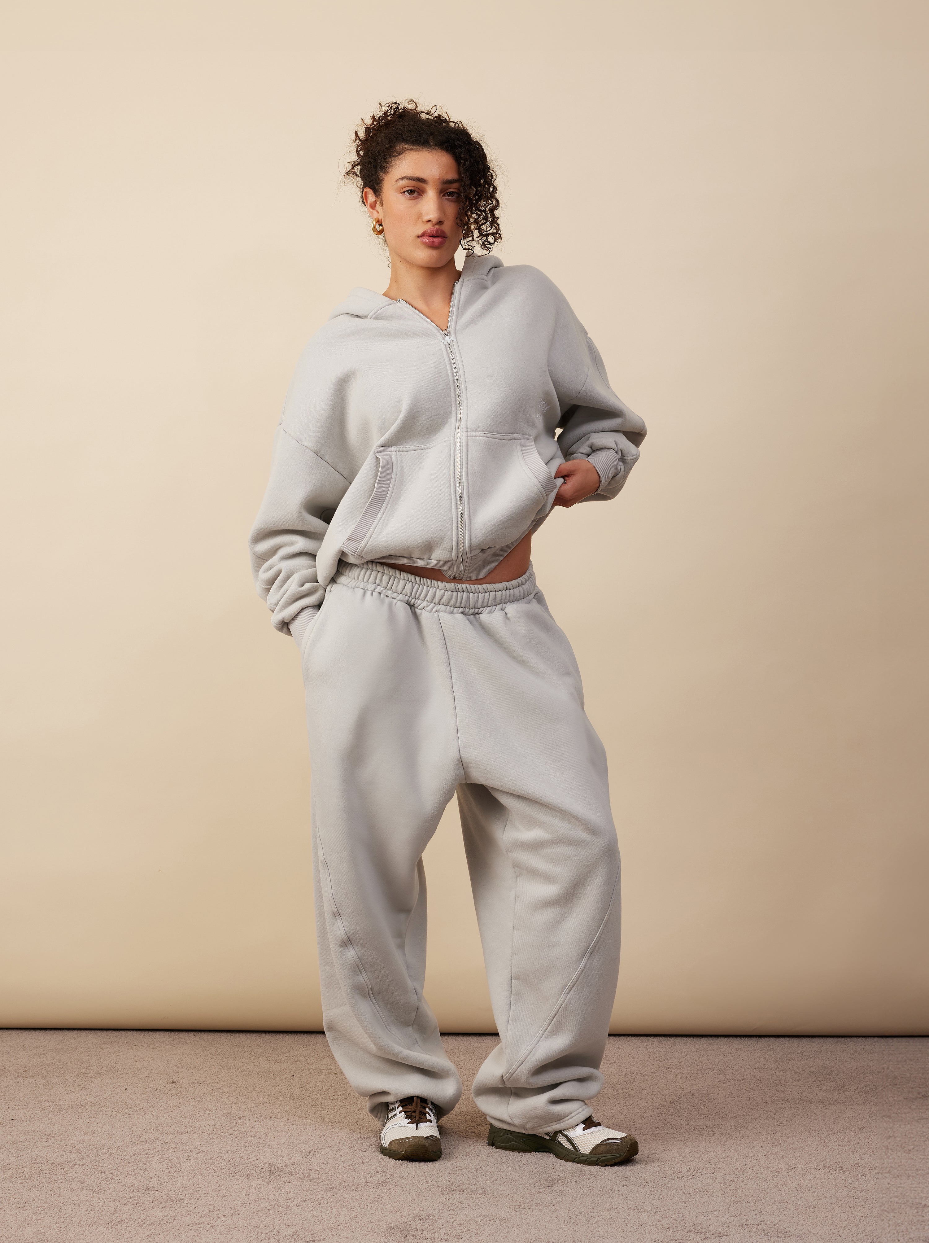 Panelled Zip Up Hoodie | Light Grey