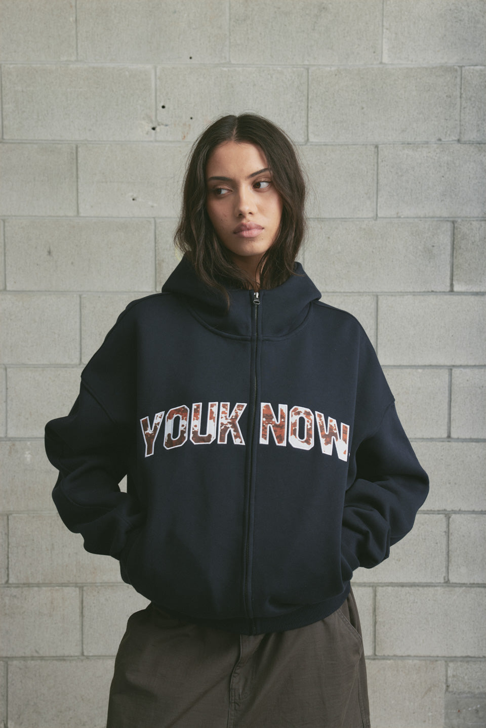 Offset Zip Up Hoodie | Navy/Cow Print