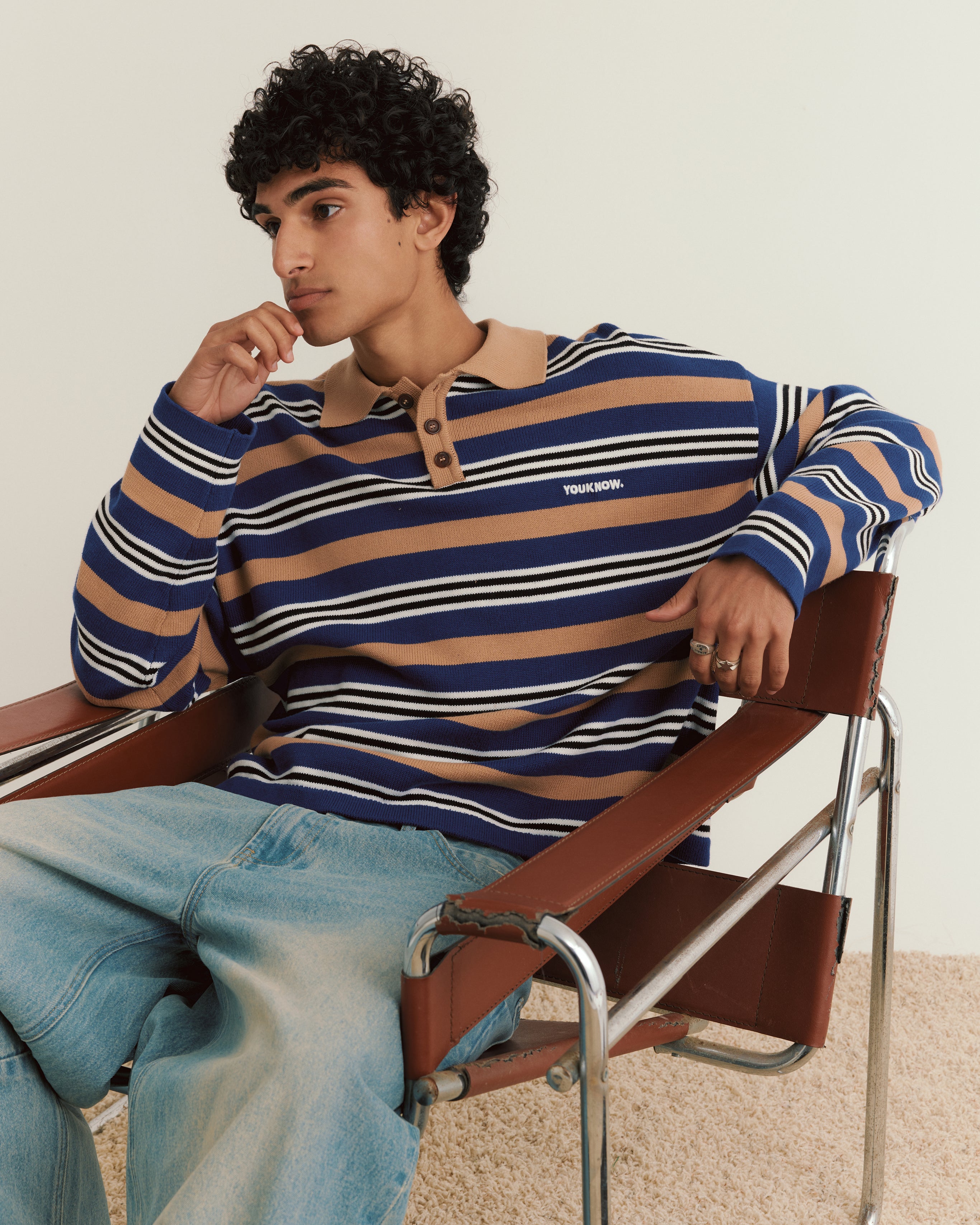 Knit Polo Sweater | Beige Stripe-4