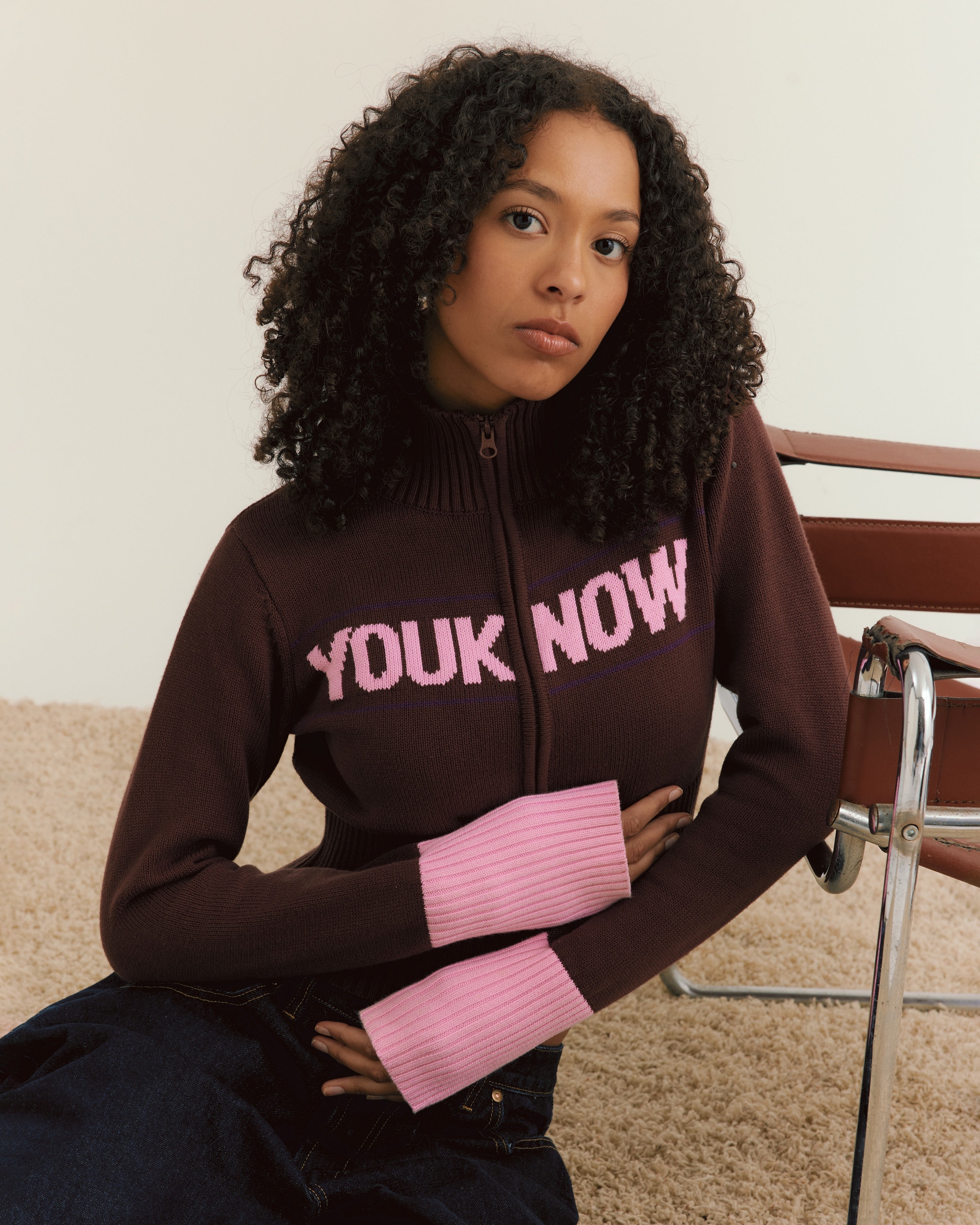 Women's Fitted Knit Zip Up | Brown-4