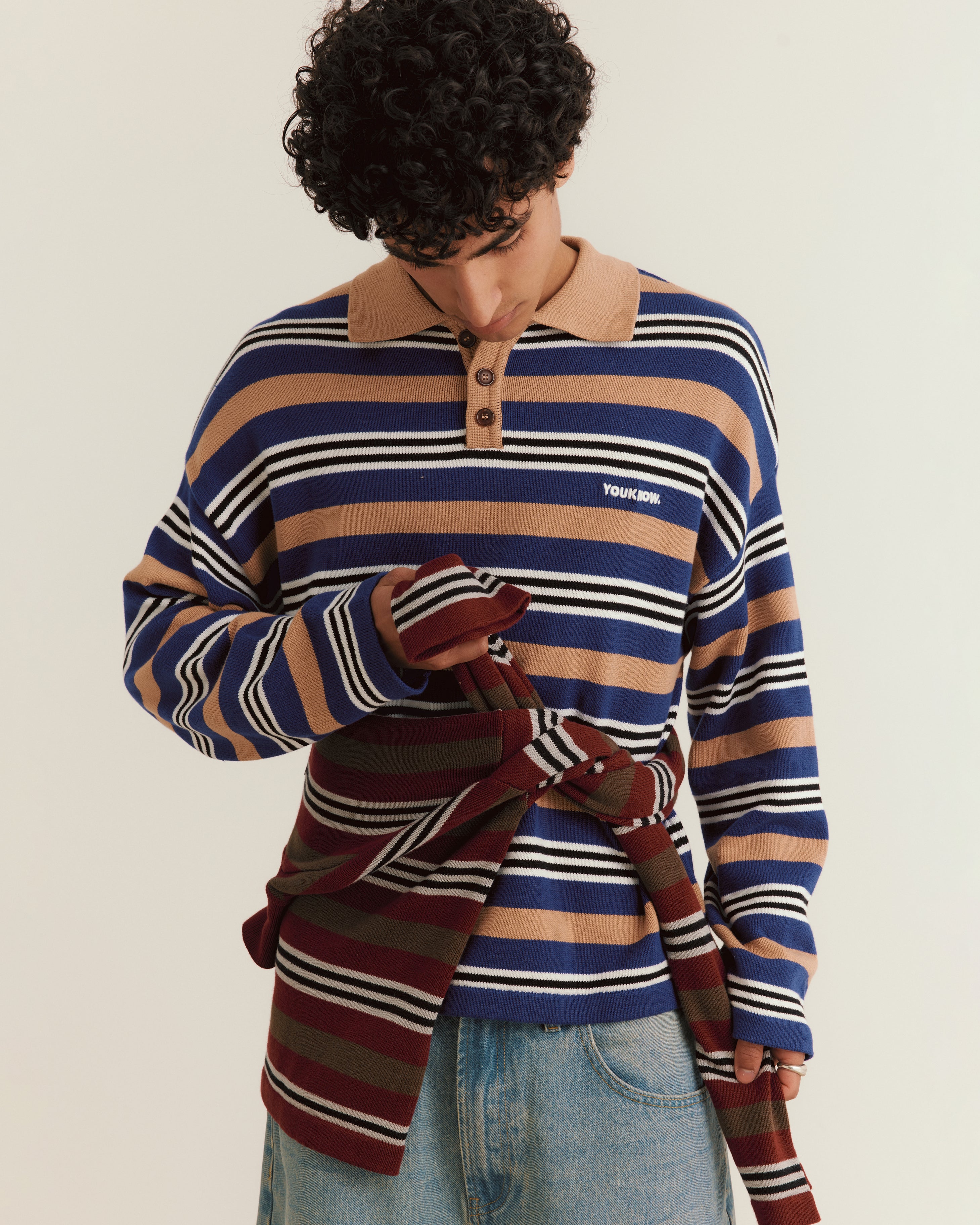 Knit Polo Sweater | Beige Stripe-6