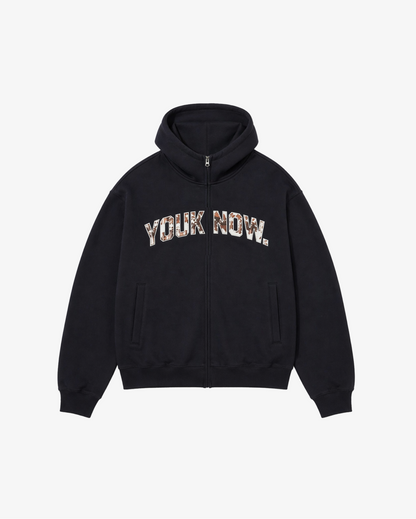 Offset Zip Up Hoodie | Navy/Cow Print