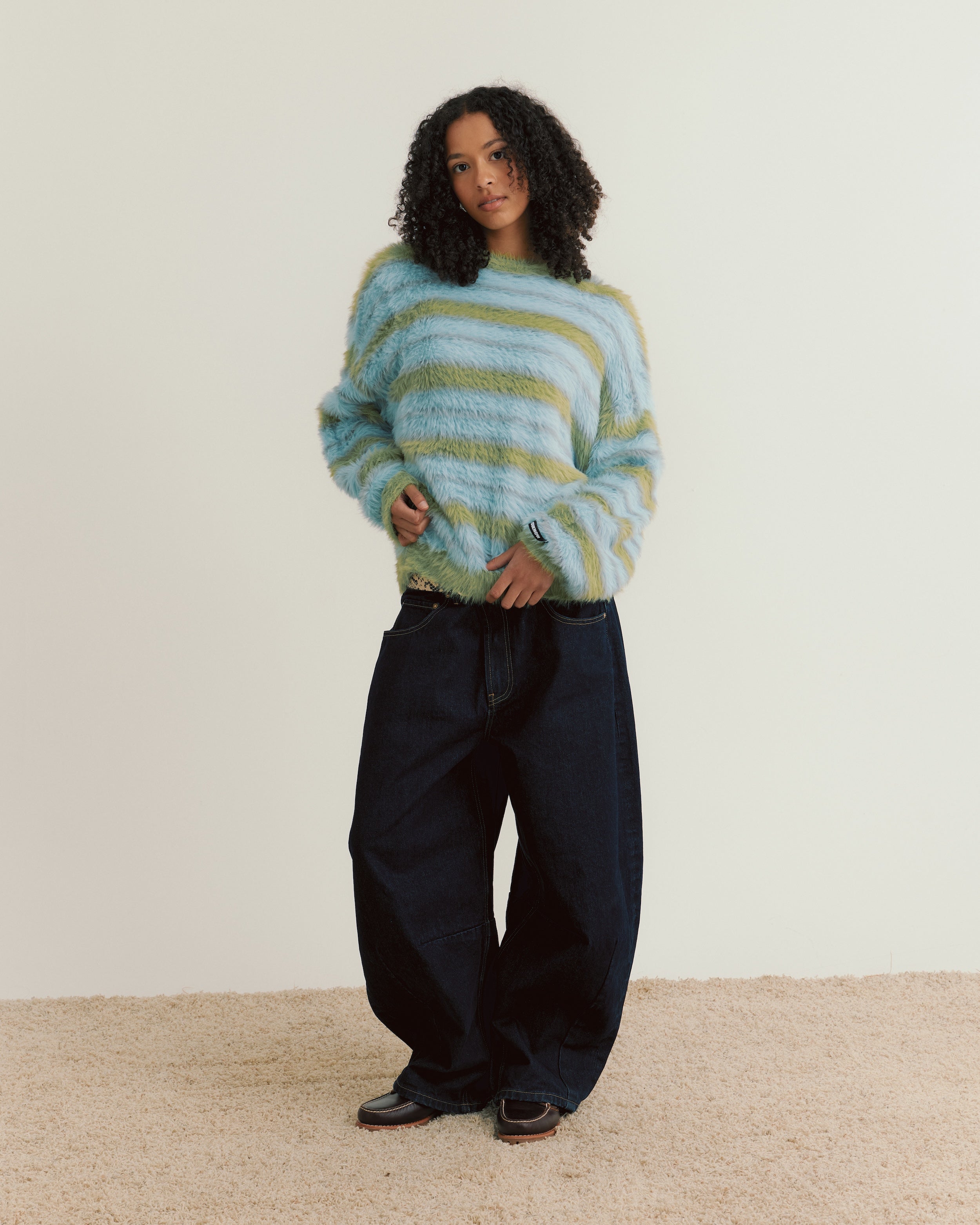 Fluffy Knit Crew Sweater | Blue Stripe-2