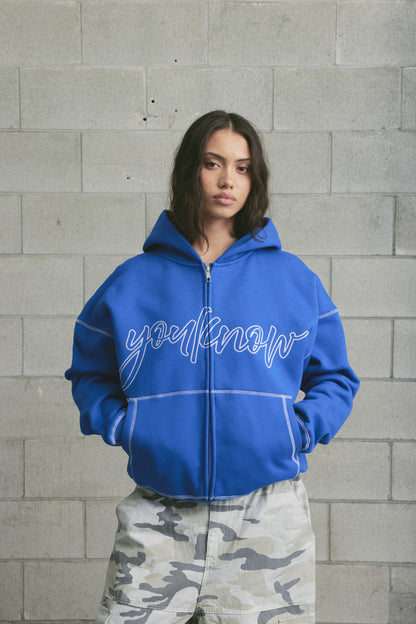Contrast Stitch Zip Up Hoodie | COBALT BLUE