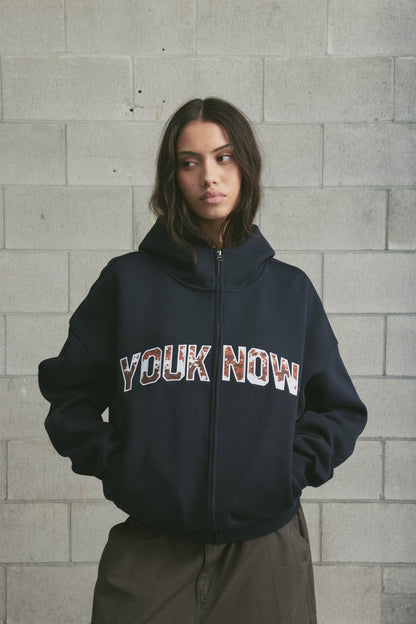 Offset Zip Up Hoodie | Navy/Cow Print