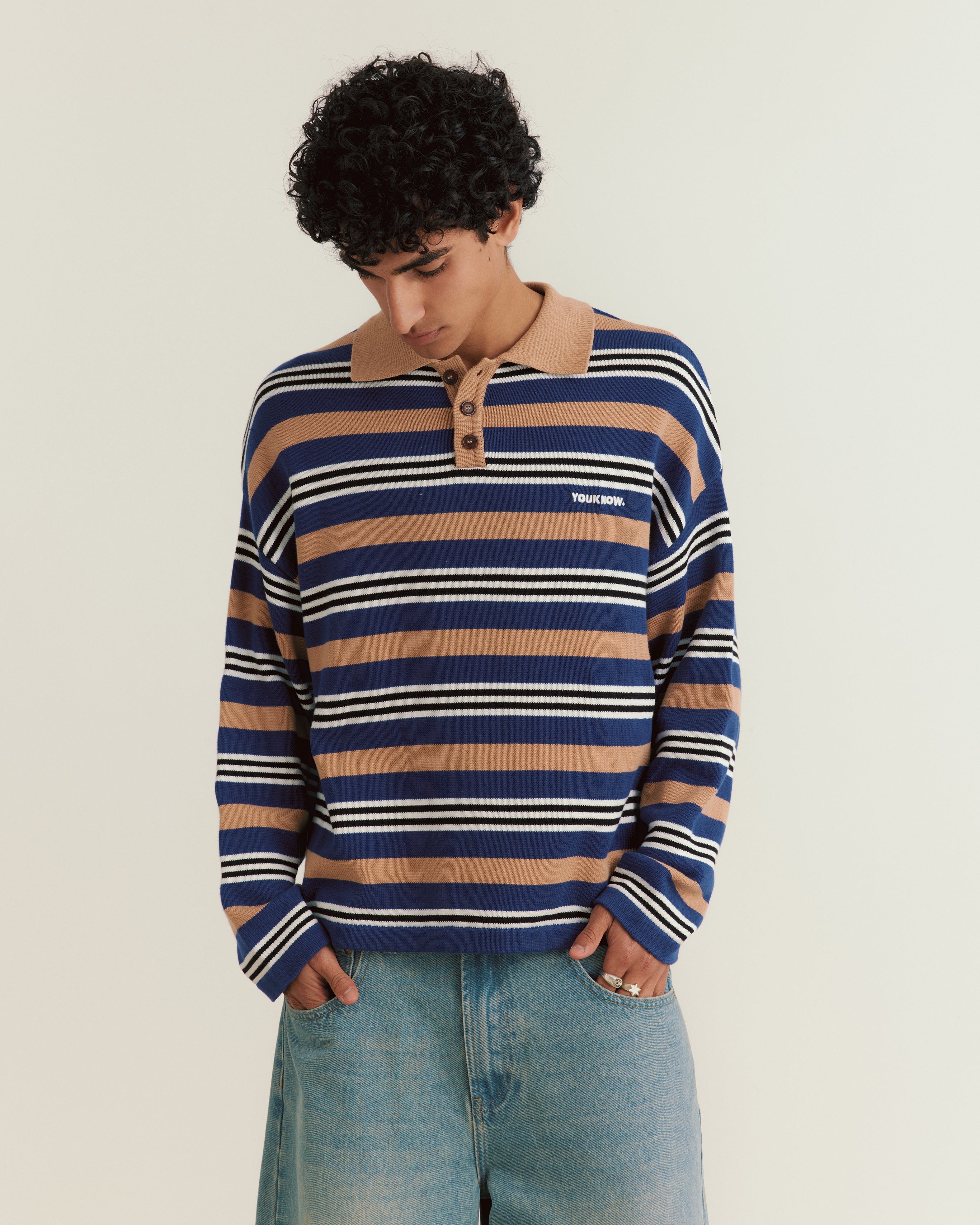 Knit Polo Sweater | Beige Stripe-3