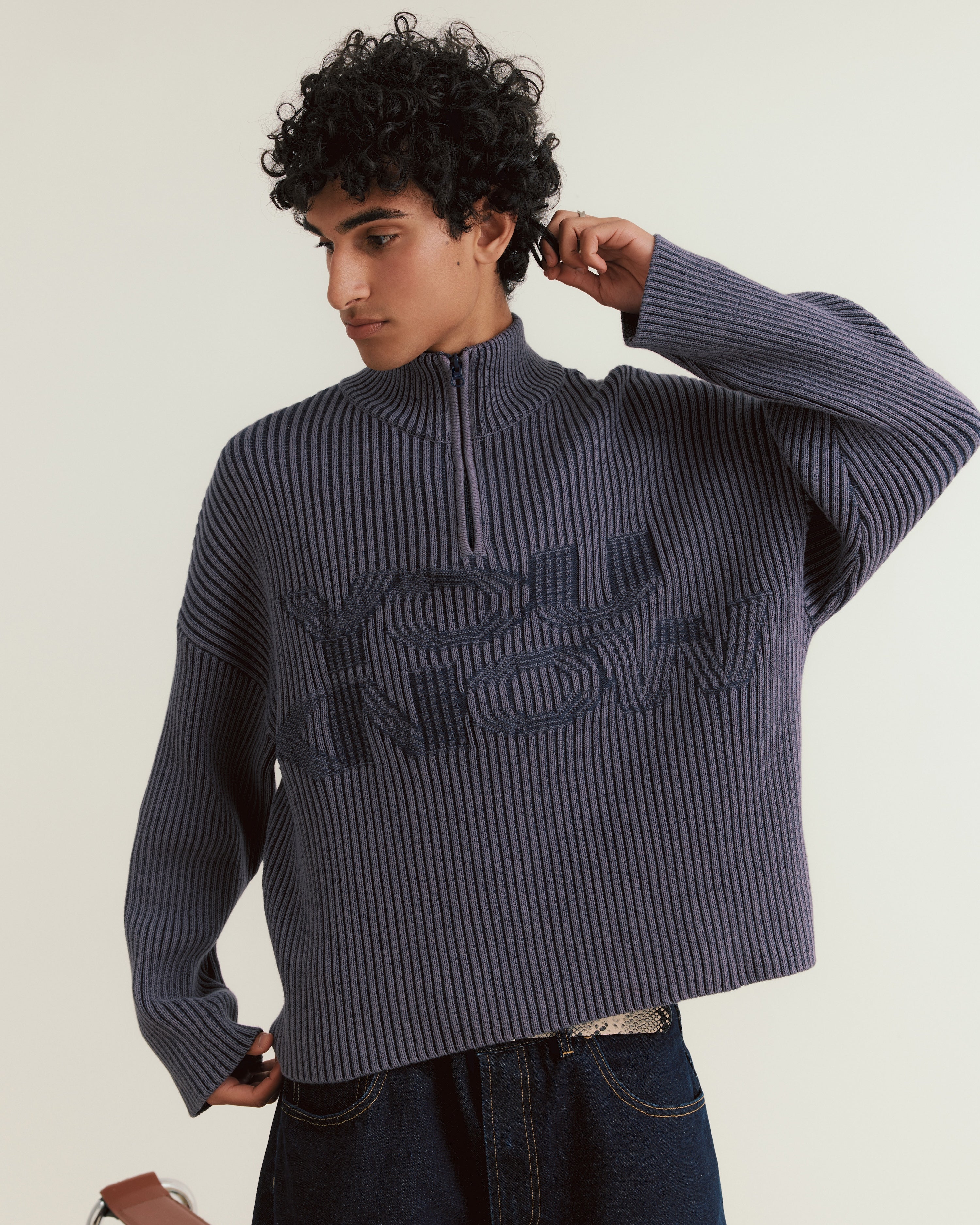 Rib Knit Quarter Zip | Dark Navy-2